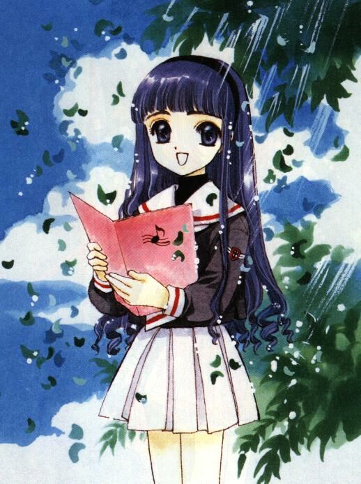 clamp, daidouji tomoyo, cardcaptor sakura, 1990s (style), 1girl, :d, book, female focus, long hair, music, open mouth, outdoors, retro artstyle, school uniform, singing, sky, smile, solo, tomoeda middle school uniform