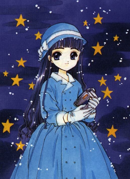 clamp, daidouji tomoyo, cardcaptor sakura, 1990s (style), 1girl, camcorder, dress, female focus, hat, long hair, retro artstyle, smile, solo, star (symbol), video camera