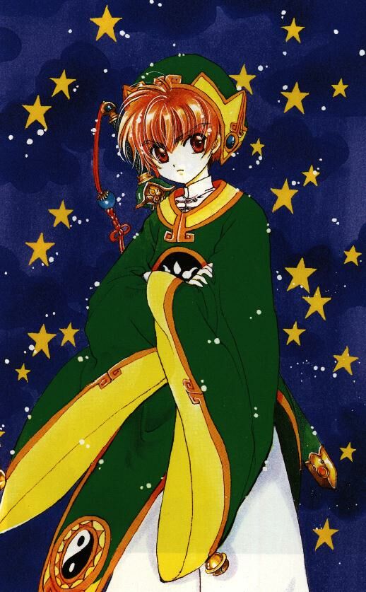 li xiaolang, cardcaptor sakura, 1990s (style), 1boy, bell, brown eyes, brown hair, child, chinese clothes, male focus, retro artstyle, solo, star (symbol), yin yang