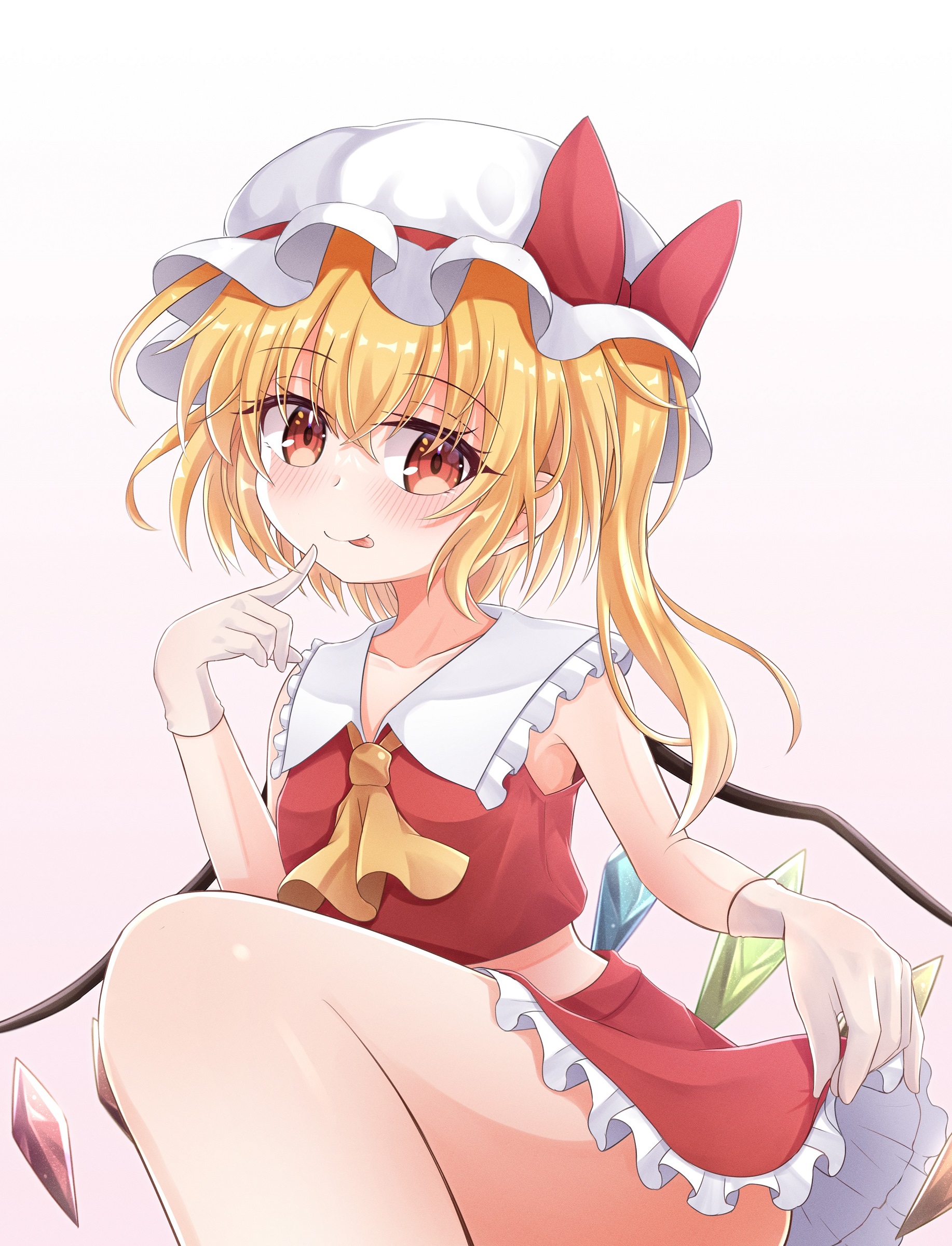 minto yupo, flandre scarlet, touhou, absurdres, commentary request, highres, 1girl, :p, ascot, blonde hair, blush, bow, crystal, crystal wings, frilled skirt, frills, gloves, gradient background, hat, hat bow, looking at viewer, mob cap, one side up, orange eyes, pink background, red bow, red eyes, red skirt, red vest, skirt, skirt hold, skirt set, solo, thick thighs, thighs, tongue, tongue out, vest, white gloves, white hat, wings, yellow ascot