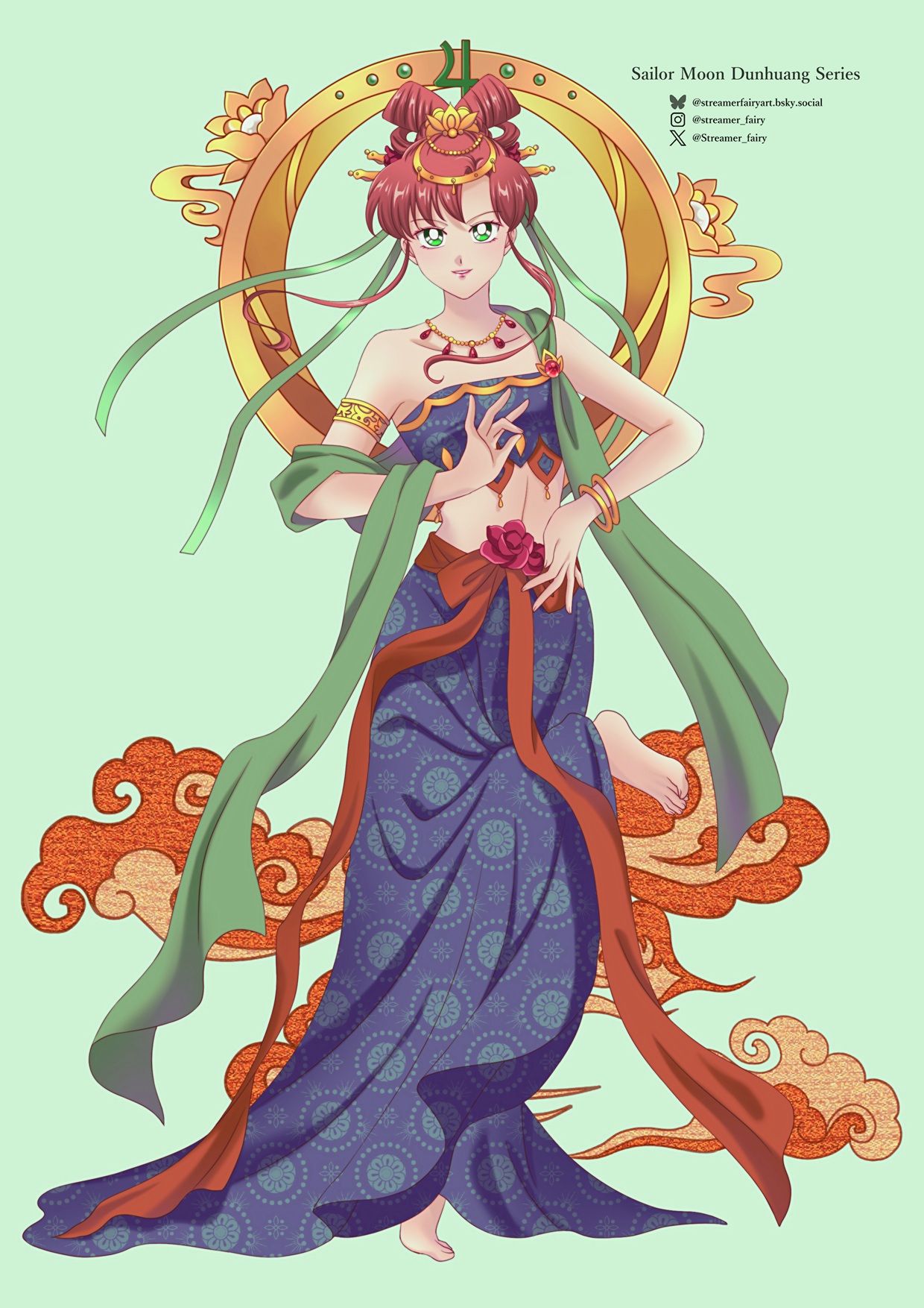 koya, kino makoto, sailor jupiter, bishoujo senshi sailor moon, highres, 1girl, alternate costume, alternate hairstyle, armlet, barefoot, blue skirt, bracelet, brown hair, circlet, collarbone, flower, hair ribbon, jewelry, long skirt, looking at viewer, midriff, necklace, ribbon, rose, skirt, smile, solo