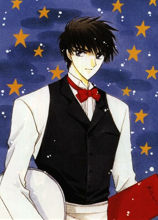 clamp, kinomoto touya, cardcaptor sakura, official art, 1990s (style), 1boy, male focus, menu, retro artstyle, solo, star (symbol), tray, waiter