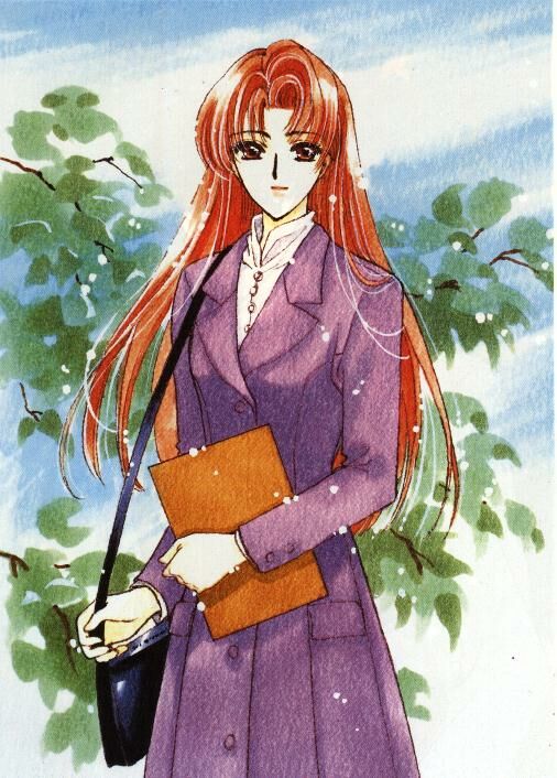 clamp, mizuki kaho, cardcaptor sakura, official art, 1990s (style), 1girl, bag, brown hair, female focus, handbag, long hair, retro artstyle, solo, teacher