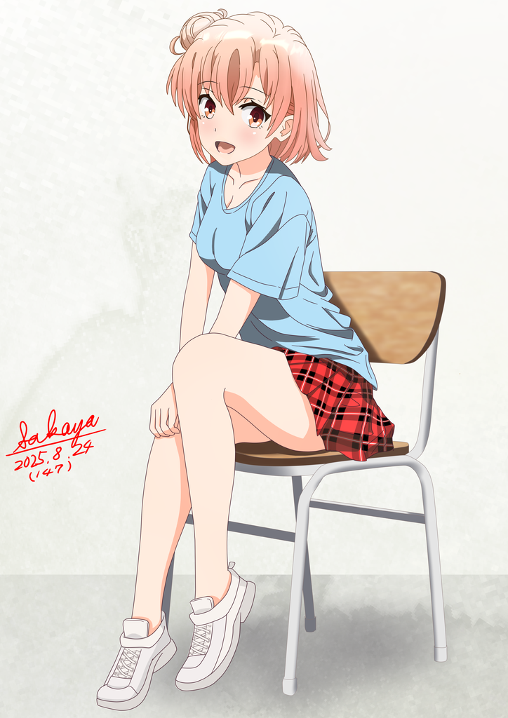 sakayaya, yuigahama yui, yahari ore no seishun lovecome wa machigatteiru., commentary request, 1girl, alternate costume, blue shirt, breasts, chair, cleavage, collarbone, dated, full body, hair bun, looking at viewer, miniskirt, on chair, open mouth, orange eyes, orange hair, plaid clothes, plaid skirt, pleated skirt, shirt, shoes, short hair, short sleeves, signature, single hair bun, single side bun, sitting, skirt, solo, white shoes