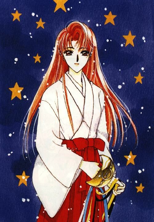 clamp, mizuki kaho, cardcaptor sakura, official art, 1990s (style), 1girl, bell, brown hair, female focus, hakama, hakama skirt, haori, japanese clothes, long hair, miko, retro artstyle, ribbon, skirt, solo, star (symbol)