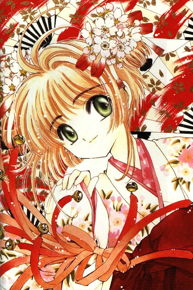 clamp, kinomoto sakura, cardcaptor sakura, 1990s (style), 1girl, bell, female focus, green eyes, hand fan, looking at viewer, paper fan, retro artstyle, ribbon, smile, solo