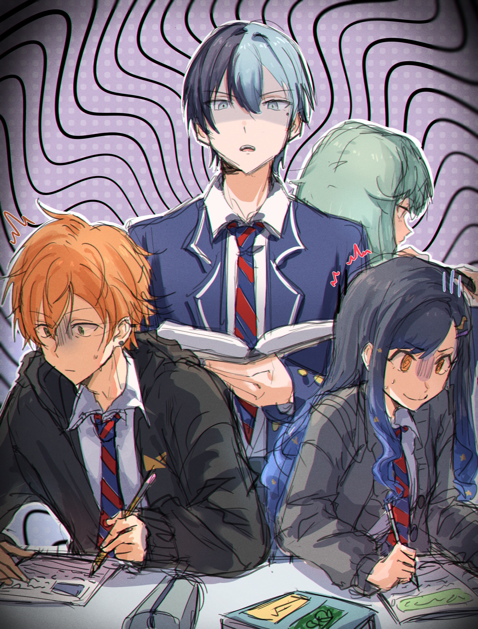 eatingbiscuts, aoyagi touya, kusanagi nene, shinonome akito, shiraishi an, project sekai, commentary, english commentary, highres, 2boys, 2girls, black hair, black jacket, blazer, blonde hair, blue eyes, blue hair, book, cardigan, closed mouth, collared shirt, diagonal-striped clothes, diagonal-striped necktie, earrings, gradient hair, green hair, grey cardigan, hair ornament, hairpin, hand up, holding, holding book, hood, hooded jacket, jacket, jewelry, kamiyama high school uniform (project sekai), lapels, long hair, long sleeves, mole, mole under eye, multicolored hair, multiple boys, multiple girls, multiple hairpins, necktie, notched lapels, notice lines, open book, open clothes, open jacket, open mouth, orange eyes, orange hair, pencil case, school uniform, shirt, streaked hair, striped clothes, teeth, two-tone hair, upper teeth only