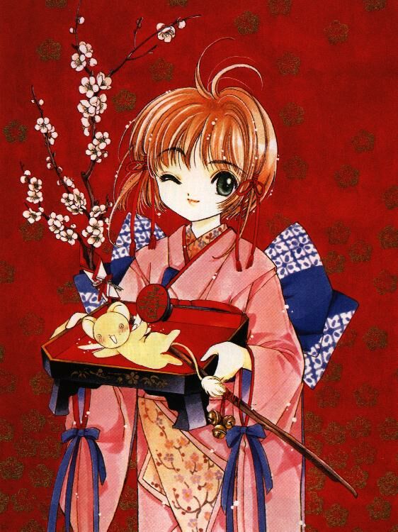 clamp, kero (cardcaptor sakura), kinomoto sakura, cardcaptor sakura, 1990s (style), 1girl, cherry blossoms, female focus, japanese clothes, kimono, looking at viewer, one eye closed, retro artstyle, smile, solo, tray, wink