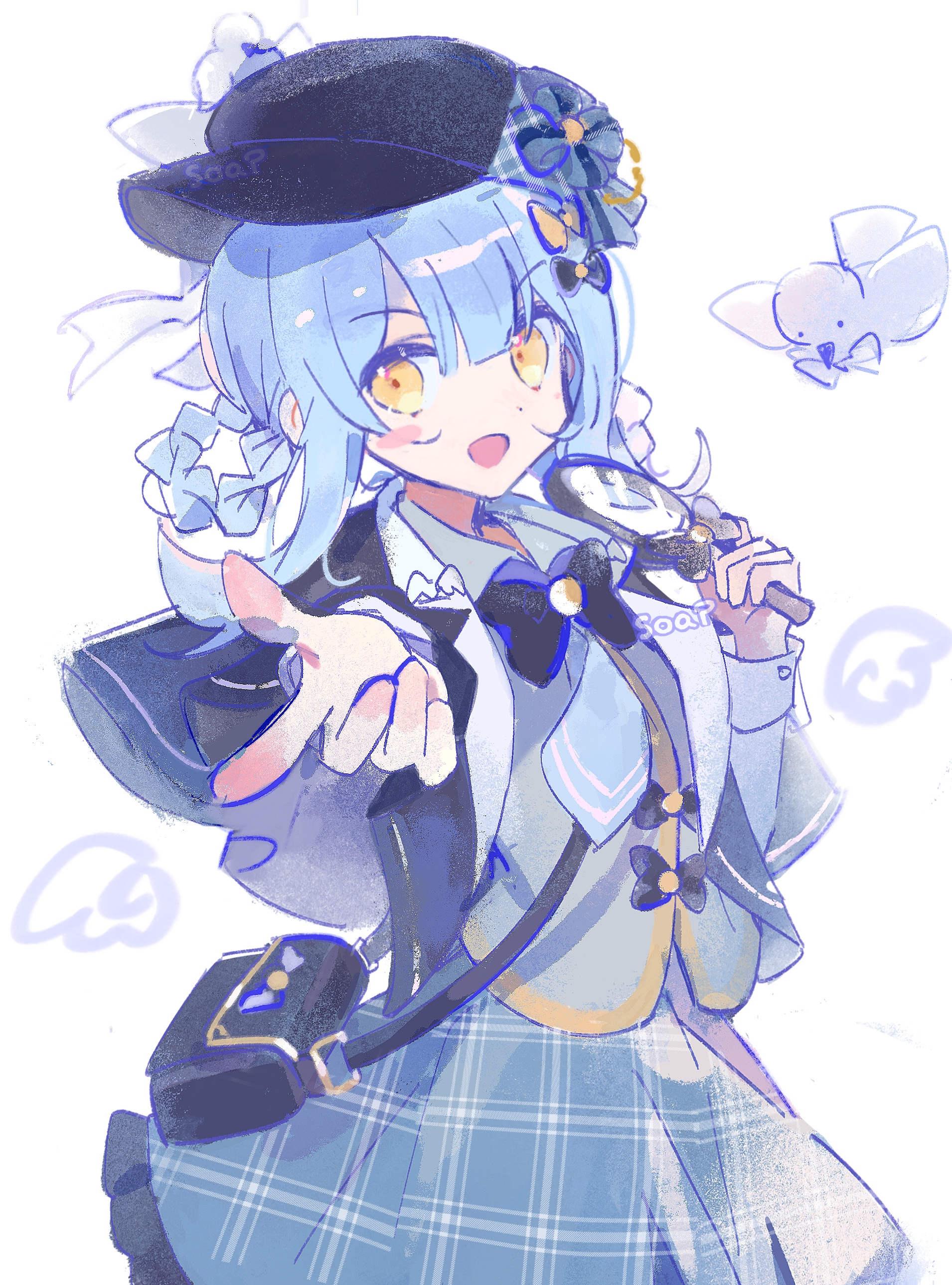 tachibana sherry, mahou shoujo no majo saiban, absurdres, chinese commentary, commentary request, highres, 1girl, :d, black bag, black capelet, black hat, blue hair, blue skirt, braid, braided hair rings, capelet, cowboy shot, detective, frilled skirt, frills, hair rings, hat, holding, holding magnifying glass, index finger raised, looking at viewer, magical girl, magnifying glass, momo (xhs 106749356), open mouth, plaid clothes, plaid skirt, pointing, pointing at viewer, short hair, skirt, smile, solo, standing, vest, white background, yellow eyes