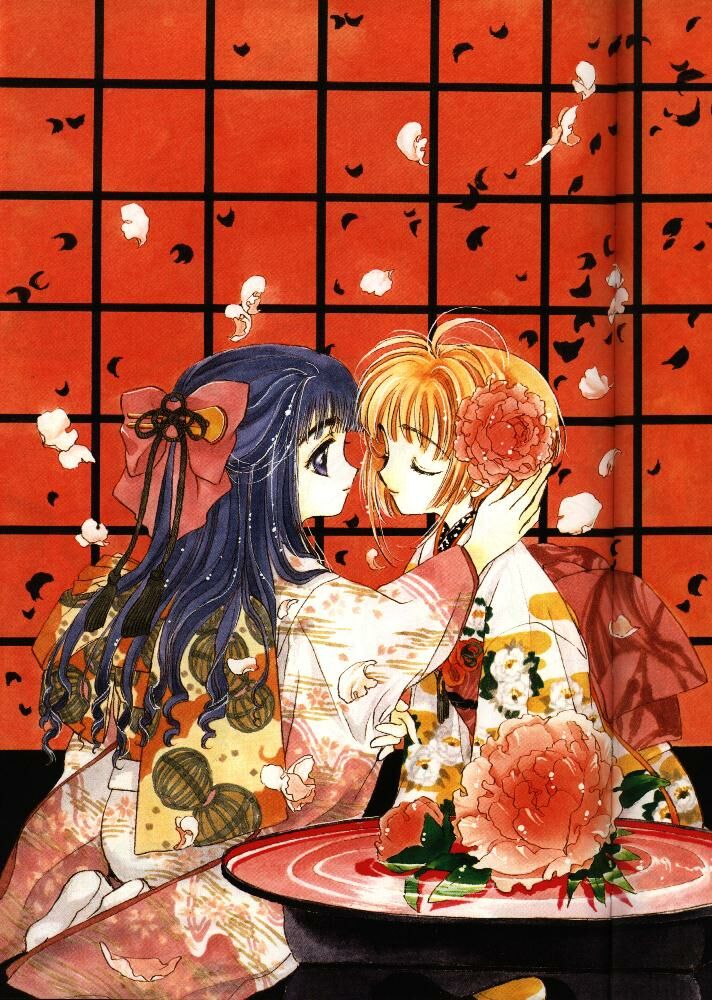 daidouji tomoyo, kinomoto sakura, cardcaptor sakura, 1990s (style), 2girls, flower, imminent kiss, japanese clothes, kimono, multiple girls, peony (flower), yuri