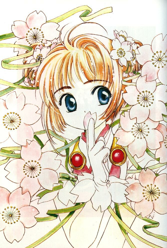 clamp, kinomoto sakura, cardcaptor sakura, 1990s (style), 1girl, blonde hair, blue eyes, cherry blossoms, female focus, flower, retro artstyle, short hair, simple background, solo, white background