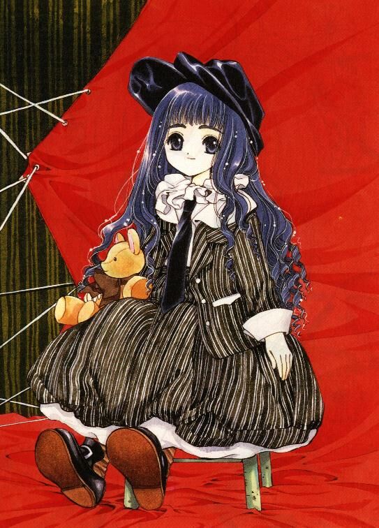 daidouji tomoyo, cardcaptor sakura, 1990s (style), 1girl, female focus, long hair, looking at viewer, retro artstyle, sitting, smile, solo, stuffed animal, stuffed toy, teddy bear