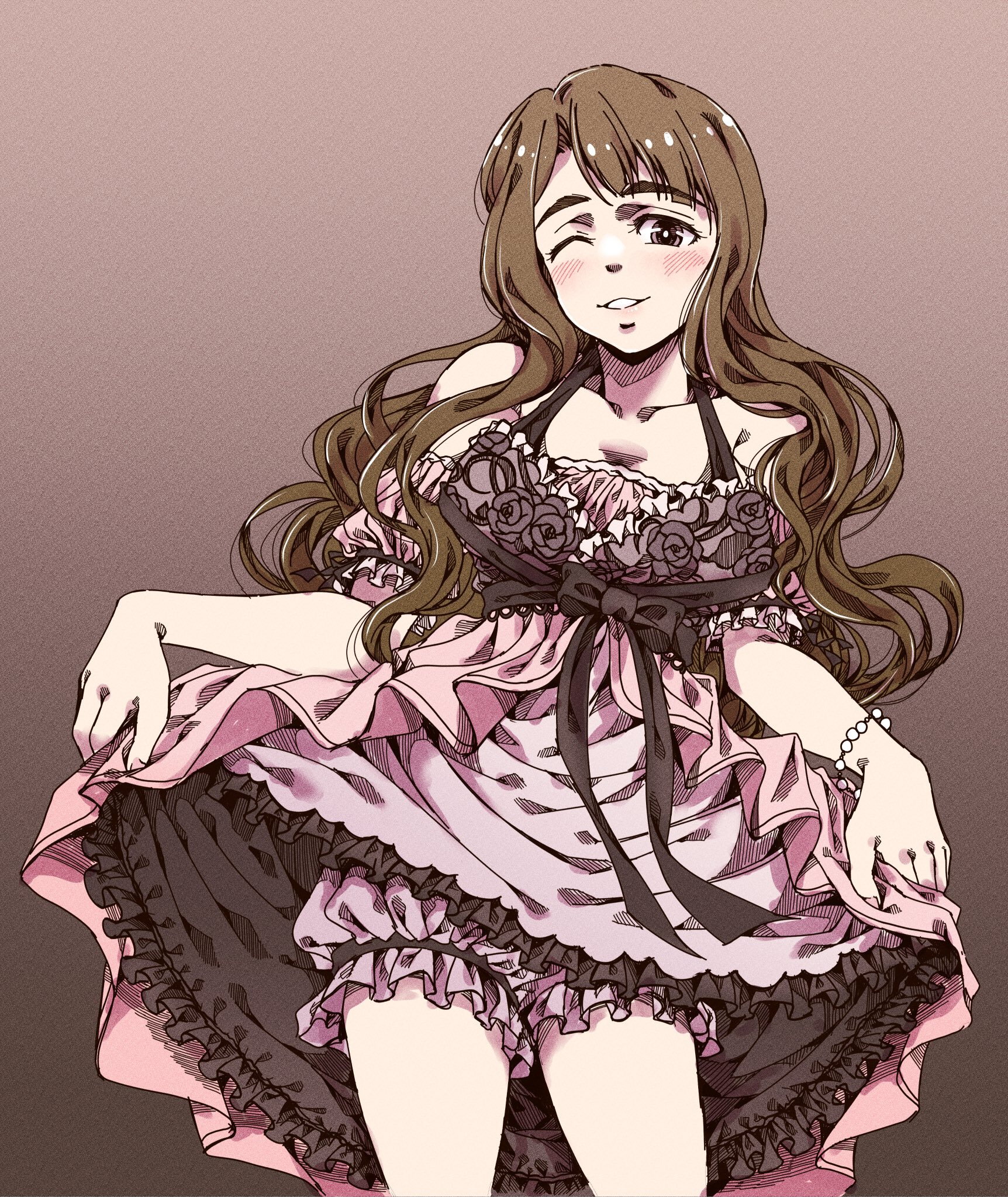 tamiya souichirou, miyao miya, idolmaster, idolmaster million live!, idolmaster million live! theater days, highres, 1girl, asymmetrical bangs, bare shoulders, bead bracelet, beads, bloomers, blunt bangs, bracelet, breasts, brown background, brown eyes, brown hair, cleavage, clothes lift, collarbone, dress, dress lift, eyelashes, floral print, frilled bloomers, frilled negligee, gradient background, grin, jewelry, large breasts, layered nightgown, light blush, lingerie, looking at viewer, negligee, one eye closed, open mouth, parted bangs, pink bloomers, pink negligee, rose print, sexy beautiful (idolmaster), smile, solo, teeth, thick eyebrows, underwear, wavy hair