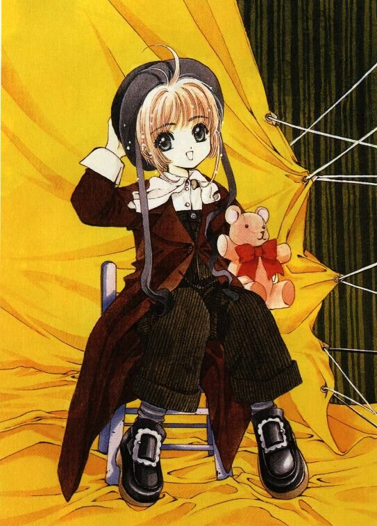 clamp, kinomoto sakura, cardcaptor sakura, 1990s (style), 1girl, :d, female focus, hat, indoors, looking at viewer, open mouth, overalls, retro artstyle, short hair, smile, solo, stuffed animal, stuffed toy, teddy bear