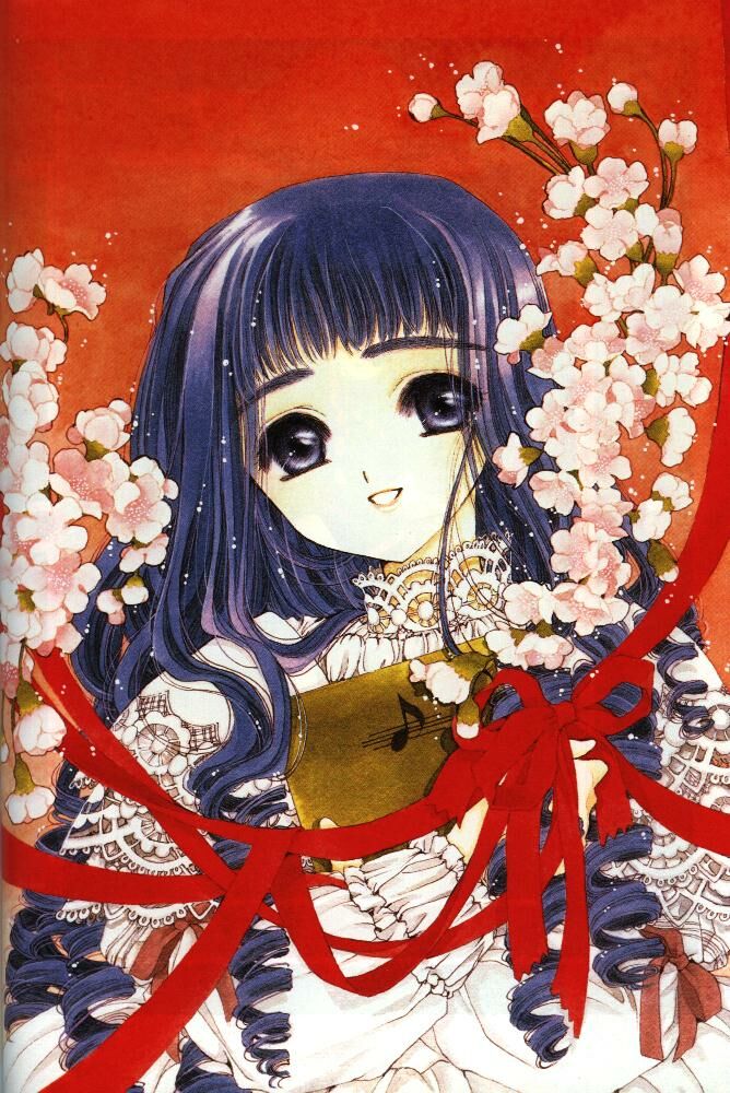 clamp, daidouji tomoyo, cardcaptor sakura, 1990s (style), 1girl, book, cherry blossoms, drill hair, female focus, long hair, looking at viewer, purple hair, red background, retro artstyle, simple background, smile, solo