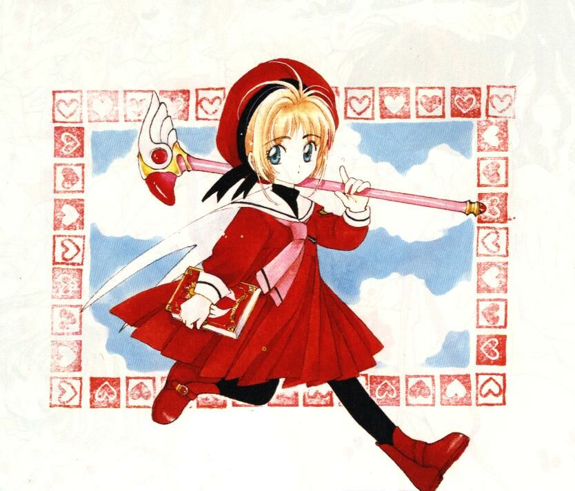 clamp, kinomoto sakura, cardcaptor sakura, 1990s (style), 1girl, book, female focus, fuuin no tsue, heart, retro artstyle, sky, solo