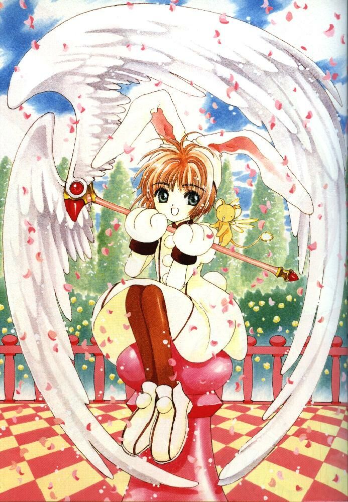 clamp, kero (cardcaptor sakura), kinomoto sakura, cardcaptor sakura, official art, tagme, 1990s (style), 1girl, :d, animal ears, cloud, creature, female focus, fuuin no tsue, happy, looking at viewer, open mouth, outdoors, rabbit ears, retro artstyle, sky, smile, solo, wings