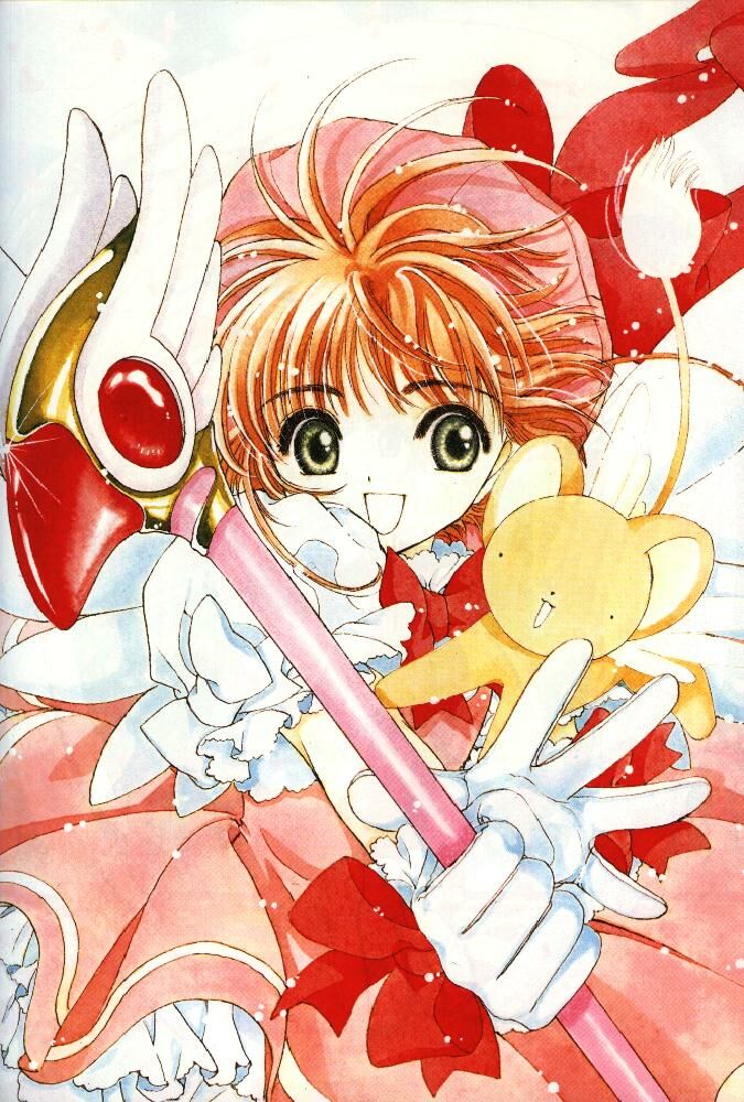 clamp, kero (cardcaptor sakura), kinomoto sakura, cardcaptor sakura, official art, 1990s (style), 1girl, :d, fuuin no tsue, happy, open mouth, retro artstyle, short hair, simple background, smile, white background