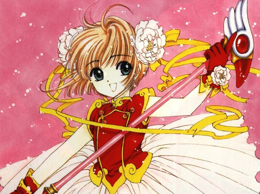 clamp, kinomoto sakura, cardcaptor sakura, official art, tagme, 1990s (style), 1girl, female focus, flower, fuuin no tsue, retro artstyle, ribbon, smile, solo, wand