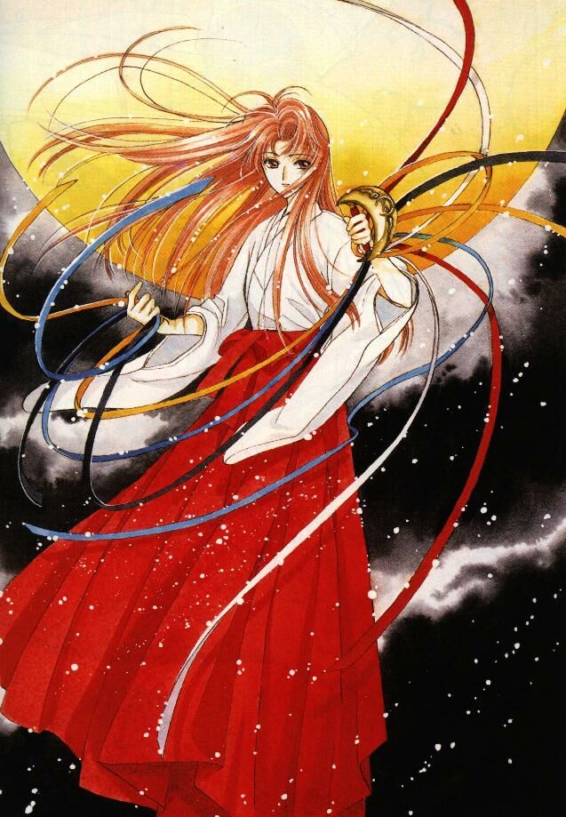 clamp, mizuki kaho, cardcaptor sakura, official art, 1990s (style), 1girl, bell, brown hair, female focus, hakama, hakama skirt, haori, japanese clothes, long hair, miko, moon, retro artstyle, ribbon, skirt, solo