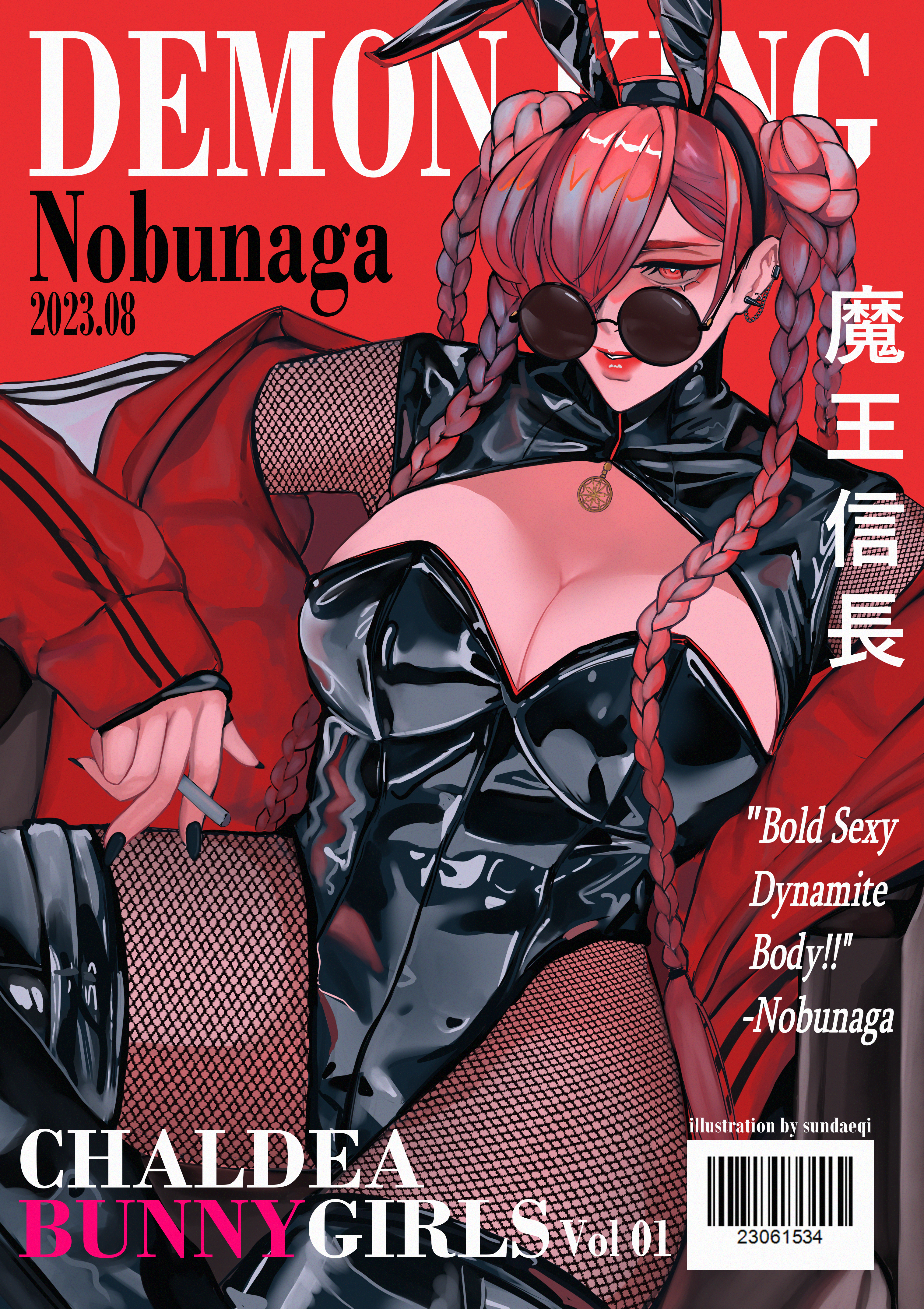 wwkp (akisenpai9999), oda nobunaga (fate), oda nobunaga (maou avenger) (fate), fate/grand order, fate (series), absurdres, commentary, highres, 1boy, 1girl, animal ears, between fingers, black leotard, black nails, black thighhighs, braid, breasts, character name, cleavage, cover, dated, english text, fake animal ears, fishnet pantyhose, fishnets, hair over one eye, holding, jacket, large breasts, leotard, long hair, magazine cover, multiple braids, one eye covered, pantyhose, parted lips, playboy bunny, rabbit ears, red background, red eyes, red hair, red jacket, solo, sunglasses, thighhighs