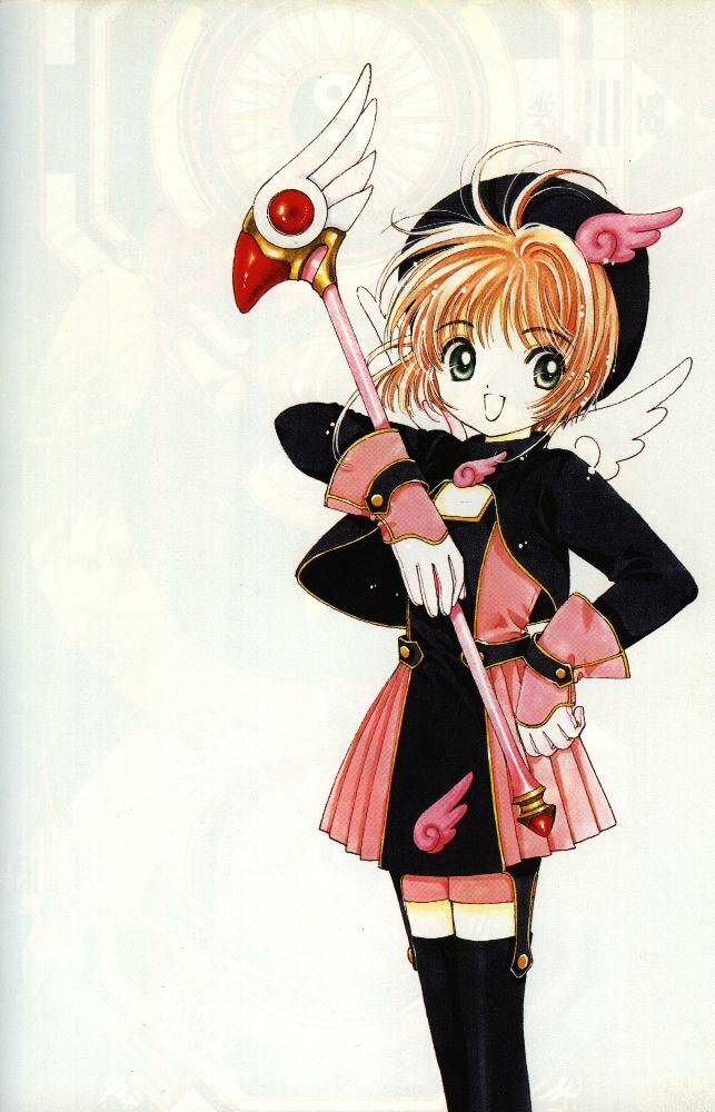 kinomoto sakura, cardcaptor sakura, scan, scan artifacts, tagme, 1990s (style), 1girl, female focus, fuuin no tsue, garter straps, happy, looking at viewer, retro artstyle, short hair, simple background, smile, solo, thighhighs, wand, white background, zettai ryouiki