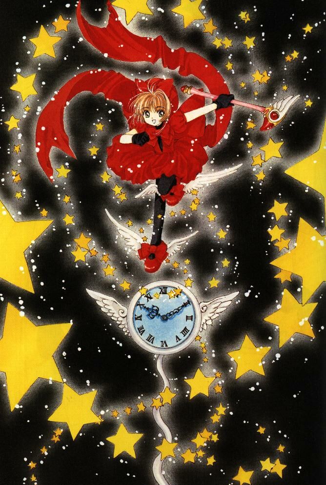 kinomoto sakura, cardcaptor sakura, tagme, 1990s (style), 1girl, female focus, fuuin no tsue, happy, looking at viewer, retro artstyle, smile, solo, star (symbol), wand