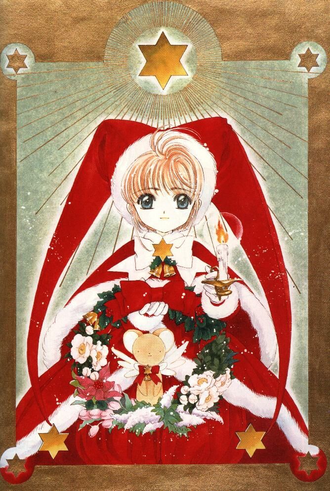 kero (cardcaptor sakura), kinomoto sakura, cardcaptor sakura, tagme, 1990s (style), 1girl, candlestand, christmas, female focus, looking at viewer, retro artstyle, santa costume, short hair, smile, solo, star (symbol), wreath