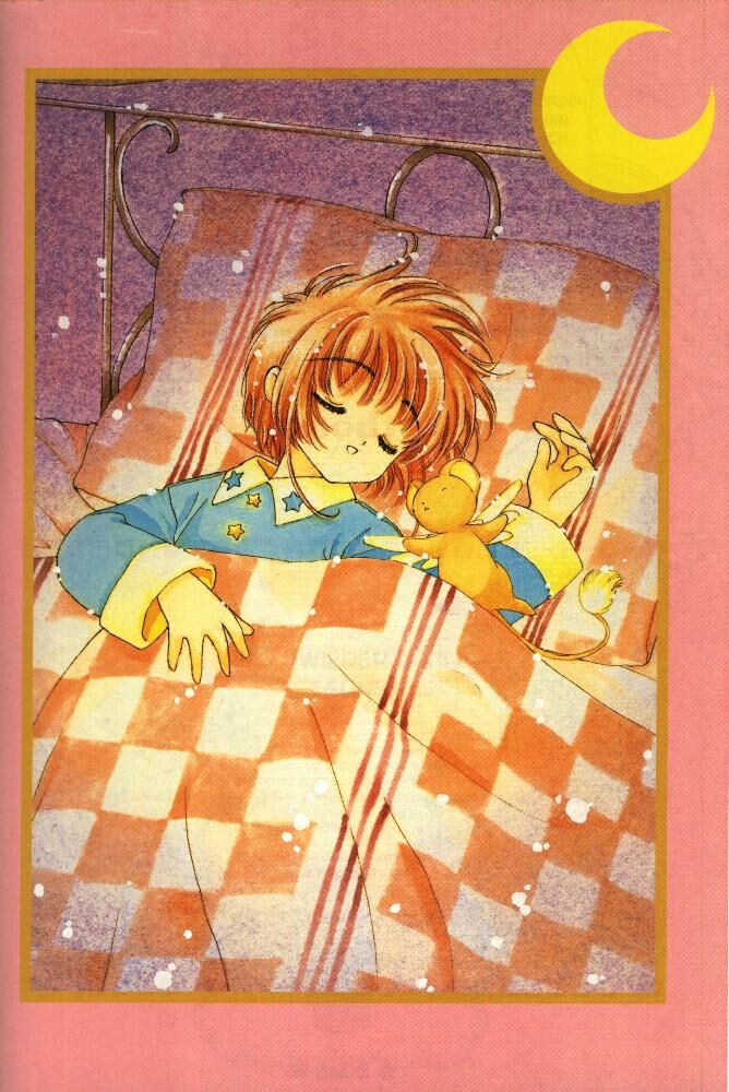 kero (cardcaptor sakura), kinomoto sakura, cardcaptor sakura, 1990s (style), 1girl, bed, blanket, closed eyes, creature, crescent moon, fuuin no tsue, moon, pajamas, retro artstyle, short hair, sleeping