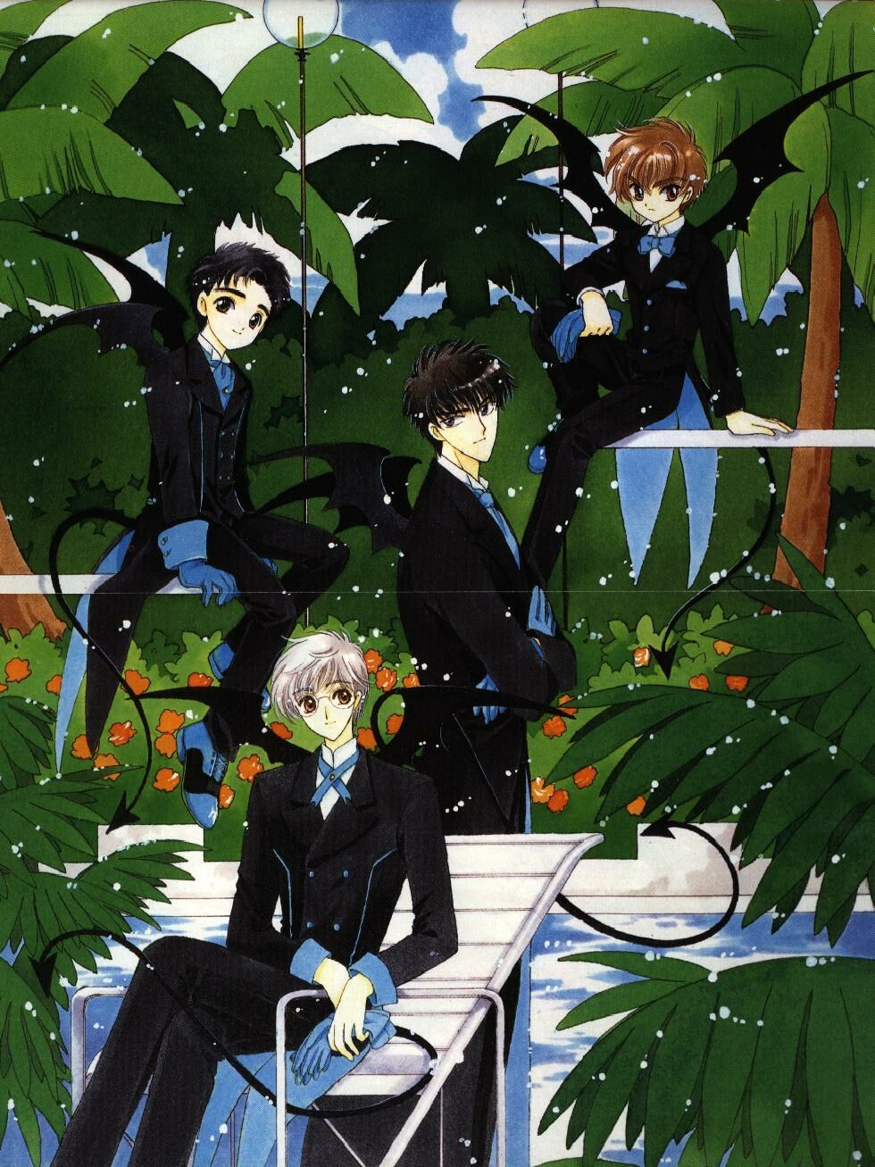 clamp, kinomoto touya, li xiaolang, tsukishiro yukito, yamazaki takashi, cardcaptor sakura, highres, official art, 1990s (style), 4boys, black hair, brown hair, child, formal clothes, male focus, multiple boys, retro artstyle, short hair, tropical, white hair, wings