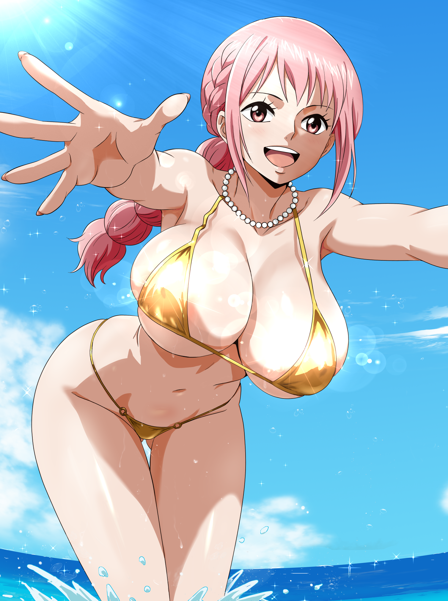 minpei ichigo, rebecca (one piece), one piece, highres, 1girl, :d, bent over, bikini, blue sky, braid, braided ponytail, breasts, cleavage, gluteal fold, gold bikini, halterneck, hanging breasts, huge breasts, jewelry, leaning forward, long hair, looking at viewer, navel, necklace, ocean, open mouth, outdoors, outstretched arms, pearl necklace, pink hair, sky, smile, solo, splashing, string bikini, swimsuit, thighs