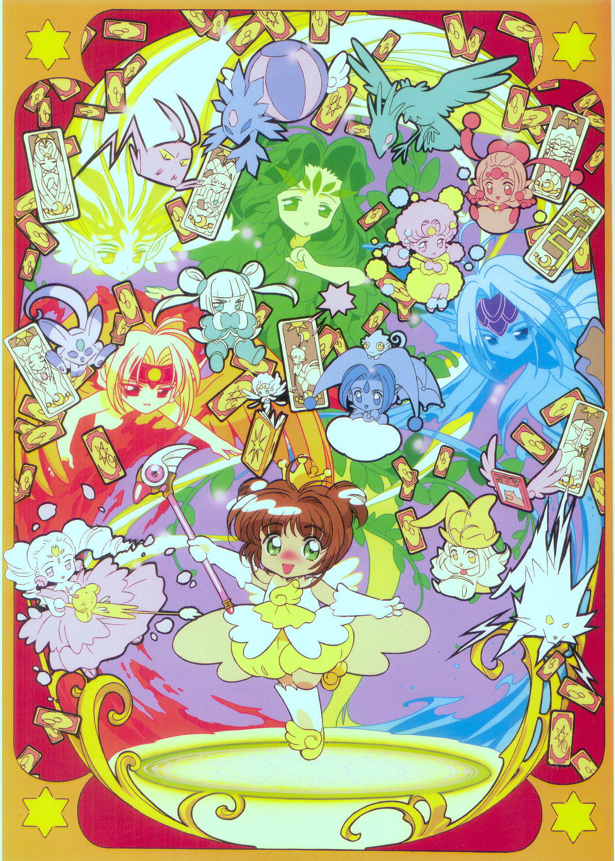 big (clow card), change (clow card), clow card, create (clow card), dash (clow card), erase (clow card), fight (clow card), firey (clow card), float (clow card), flower (clow card), fly (clow card), freeze (clow card), glow (clow card), jump (clow card), kero (cardcaptor sakura), kinomoto sakura, little (clow card), maze (clow card), mist (clow card), move (clow card), power (clow card), rain (clow card), return (clow card), sleep (clow card), storm (clow card), sweet (clow card), thunder (clow card), watery (clow card), windy (clow card), wood (clow card), cardcaptor sakura, baton, highres, 1990s (style), 6+girls, blush, brown hair, chibi, child, crown, everyone, fuuin no tsue, gloves, glowing, green eyes, hat, jumping, looking at viewer, multiple girls, retro artstyle, short hair, smile, wand, wings