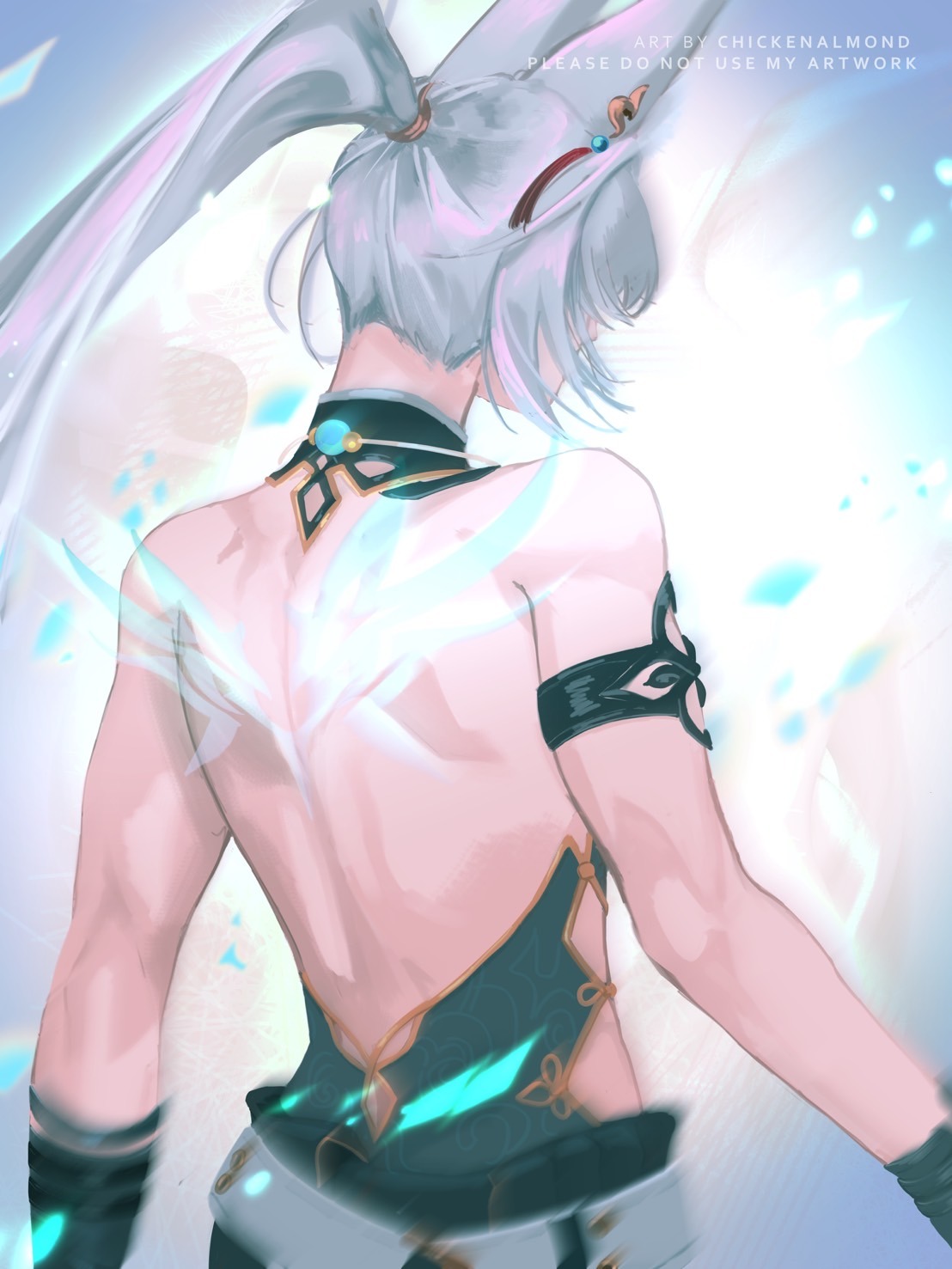 feixiao (honkai: star rail), honkai: star rail, honkai (series), commentary, english commentary, highres, 1girl, animal ears, armlet, artist name, back, bare back, bare shoulders, bead necklace, beads, belt, black armlet, black gloves, blue shirt, body markings, chinese clothes, earrings, fox ears, fox girl, gloves, grey belt, grey hair, hair ornament, high ponytail, jewelry, kaasyn, long hair, necklace, ponytail, shirt, sidelocks, single earring, sleeveless, sleeveless shirt, solo, standing, tassel, tassel earrings