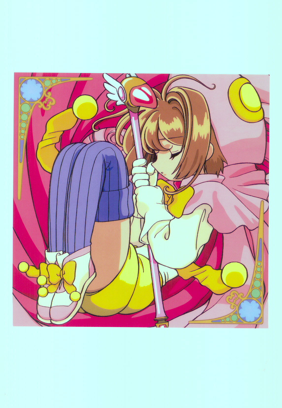 kinomoto sakura, cardcaptor sakura, highres, tagme, 1990s (style), 1girl, brown hair, closed eyes, female focus, fuuin no tsue, retro artstyle, short hair, solo, wand