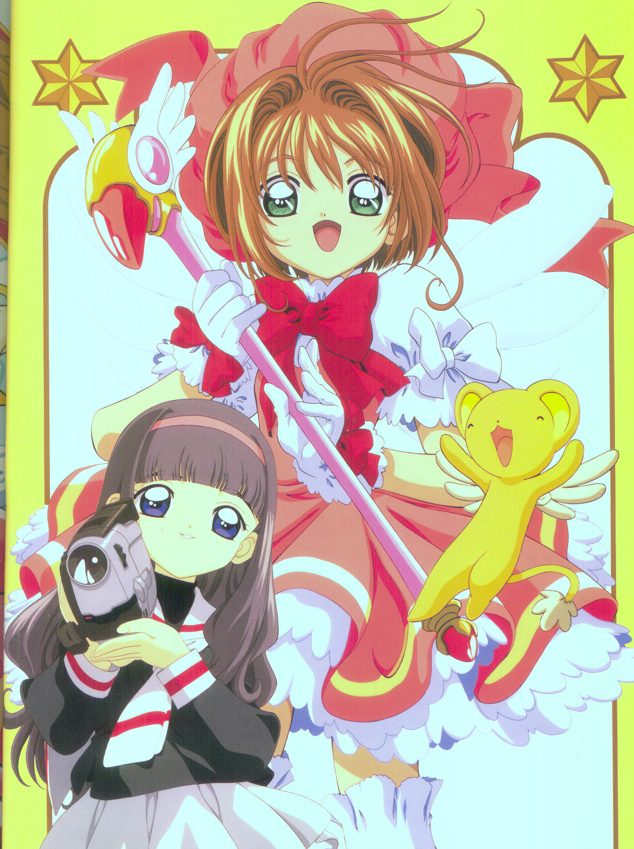 daidouji tomoyo, kero (cardcaptor sakura), kinomoto sakura, cardcaptor sakura, highres, scan, tagme, 1990s (style), 2girls, black hair, brown hair, camcorder, creature, fuuin no tsue, green eyes, long hair, looking at viewer, magical girl, multiple girls, retro artstyle, short hair, smile, video camera, wand