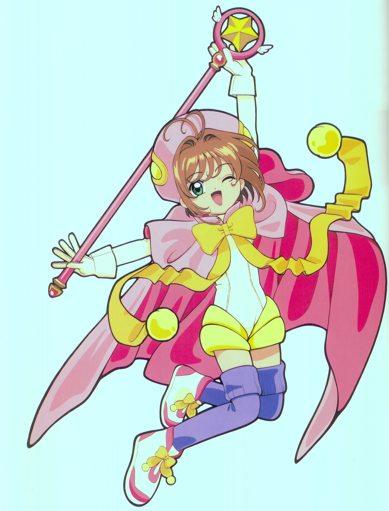 kinomoto sakura, cardcaptor sakura, highres, tagme, 1990s (style), 1girl, brown hair, female focus, green eyes, one eye closed, retro artstyle, short hair, simple background, solo, wand, white background, wink