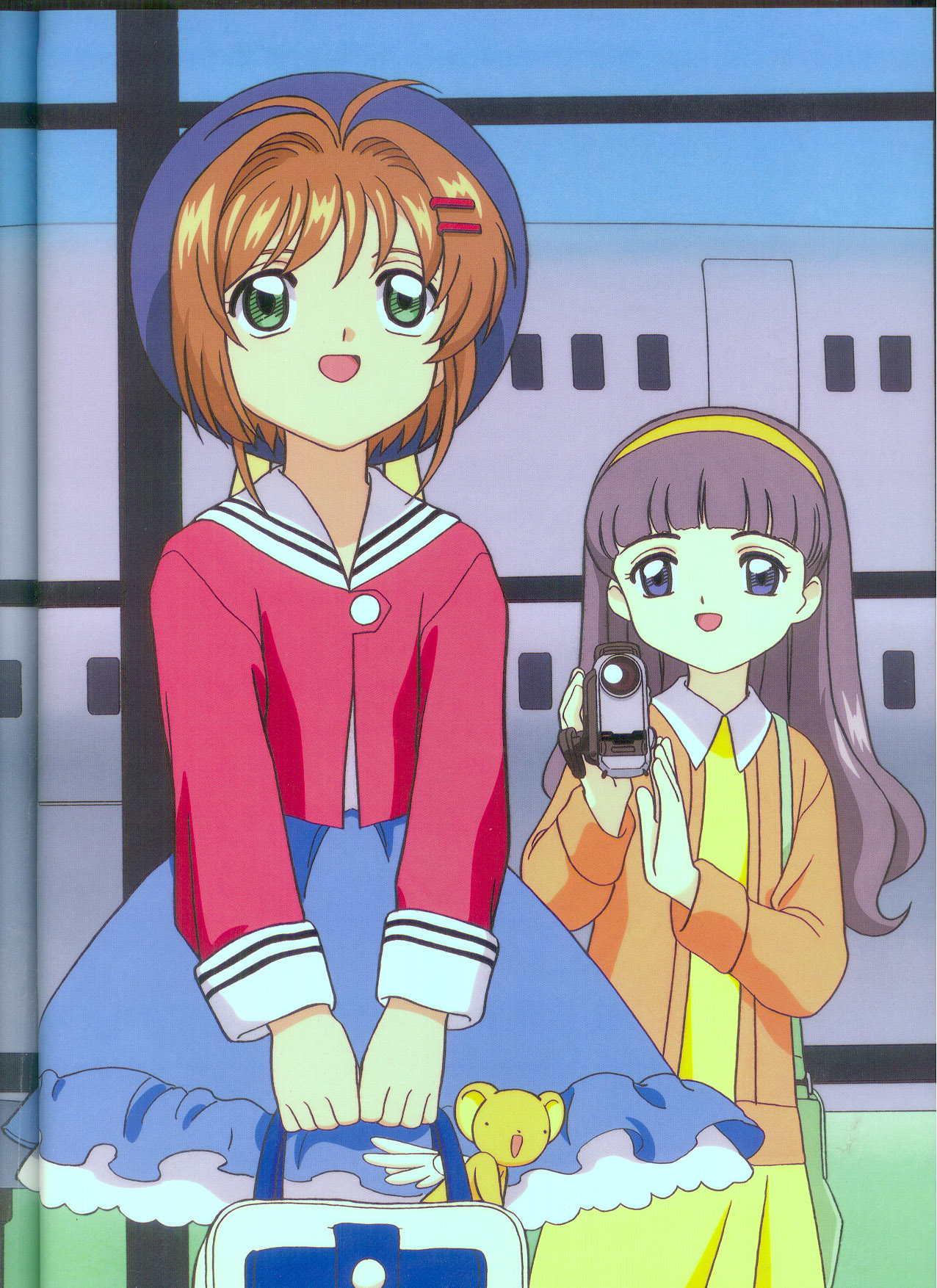 daidouji tomoyo, kero (cardcaptor sakura), kinomoto sakura, cardcaptor sakura, highres, scan, tagme, 1990s (style), 2girls, bag, brown hair, camcorder, casual, creature, green eyes, handbag, long hair, multiple girls, purple hair, retro artstyle, short hair, skirt, skirt set, video camera