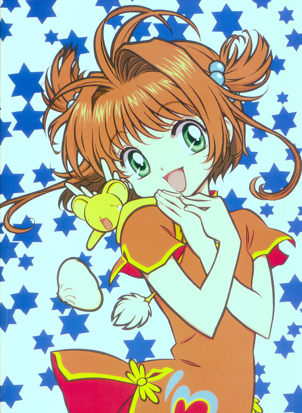 kero (cardcaptor sakura), kinomoto sakura, cardcaptor sakura, highres, tagme, 1990s (style), 1girl, brown hair, creature, green eyes, looking at viewer, retro artstyle, short hair, smile