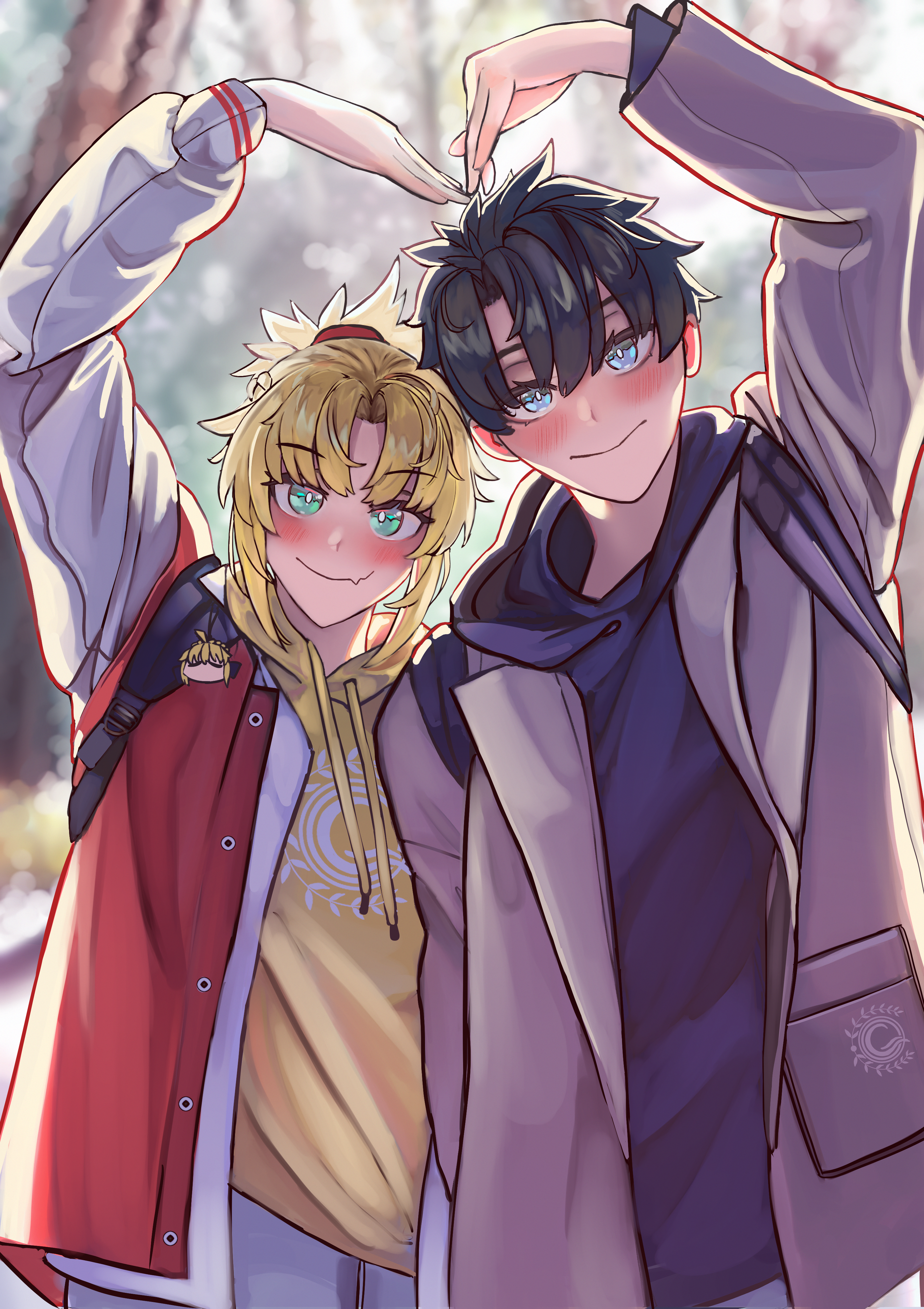 wwkp (akisenpai9999), artoria pendragon (fate), fujimaru ritsuka (male), mordred (fate), saber (fate), fate/grand order, fate (series), absurdres, commentary, highres, 1boy, 1girl, alternate costume, black hair, blonde hair, blue eyes, blush, chaldea logo, character charm, charm (object), closed mouth, couple, green eyes, grey jacket, heart, heart hands, heart hands duo, hetero, indoors, jacket, looking at viewer, ponytail, red jacket, short hair, smile