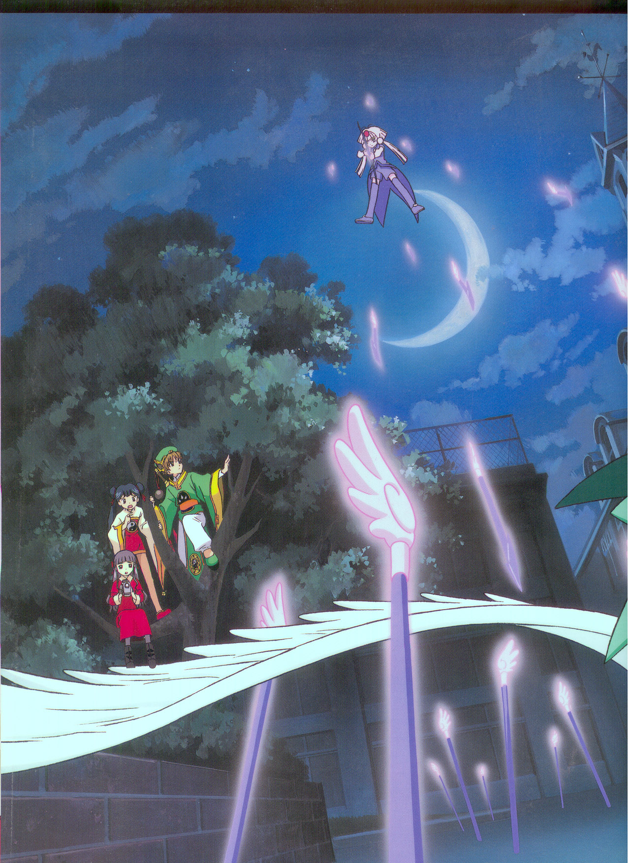 daidouji tomoyo, kero (cardcaptor sakura), li meiling, li xiaolang, cardcaptor sakura, highres, 1990s (style), 1boy, 3girls, arrow (projectile), black hair, bow (weapon), brown hair, camcorder, chain-link fence, chinese clothes, cloud, crescent moon, double bun, dutch angle, fence, hair bun, hat, long hair, moon, multiple girls, night, night sky, outdoors, retro artstyle, sky, star (sky), tree, twintails, video camera, weapon, weather vane, wings