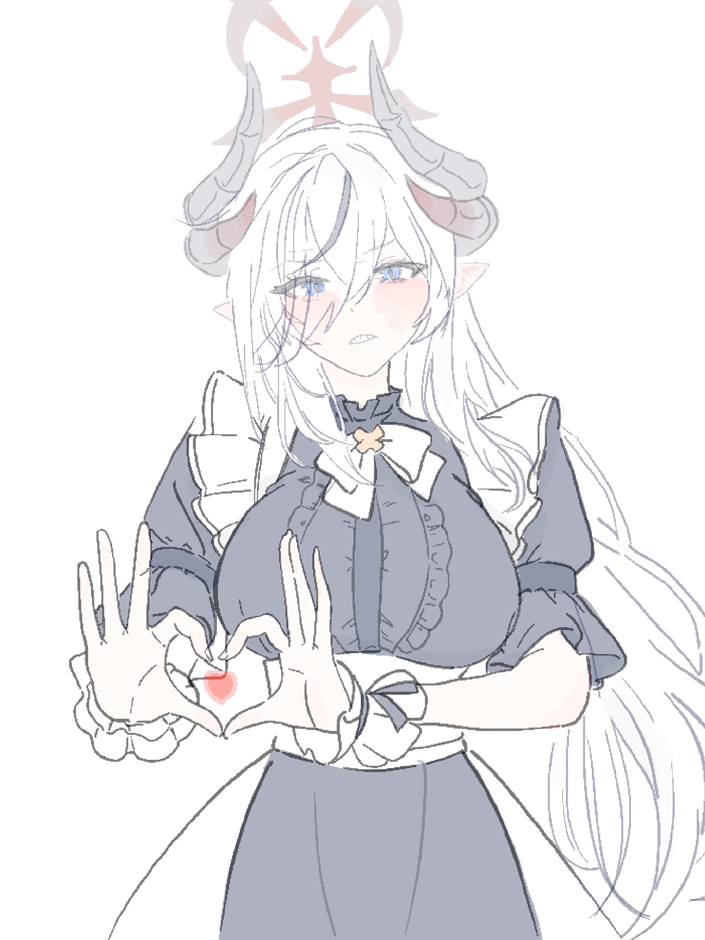 makotan art, makoto (blue archive), blue archive, highres, 1girl, alternate costume, apron, black dress, blue eyes, blush, bow, demon ears, demon girl, demon horns, dress, halo, heart, heart hands, horns, looking at viewer, maid, maid apron, red halo, sharp teeth, simple background, teeth, white background, white hair