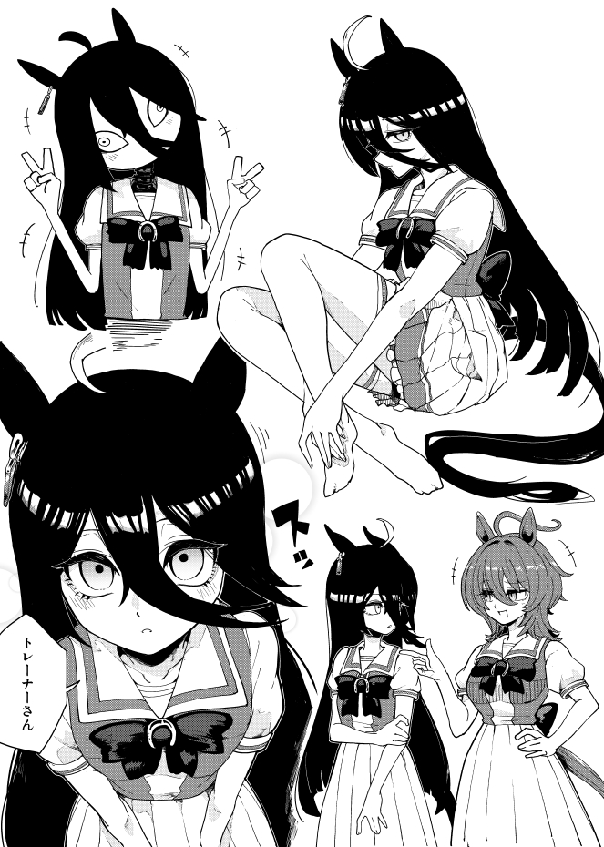 dasukasuki 3g, agnes tachyon (umamusume), manhattan cafe (umamusume), umamusume, 2girls, ahoge, animal ears, barefoot, blush, bow, bowtie, breasts, closed mouth, double v, ear ornament, ear tag, earrings, emphasis lines, greyscale, hair between eyes, hair over one eye, hand on own arm, hand on own hip, head tilt, horse ears, horse girl, jewelry, light frown, long bangs, long hair, long hair between eyes, looking at another, looking at viewer, medium breasts, monochrome, multicolored hair, multiple girls, multiple views, no mouth, pleated skirt, puffy short sleeves, puffy sleeves, sailor collar, school uniform, shirt tucked in, short sleeves, simple background, single earring, skirt, tracen school uniform, v, very long hair, waist bow, white background