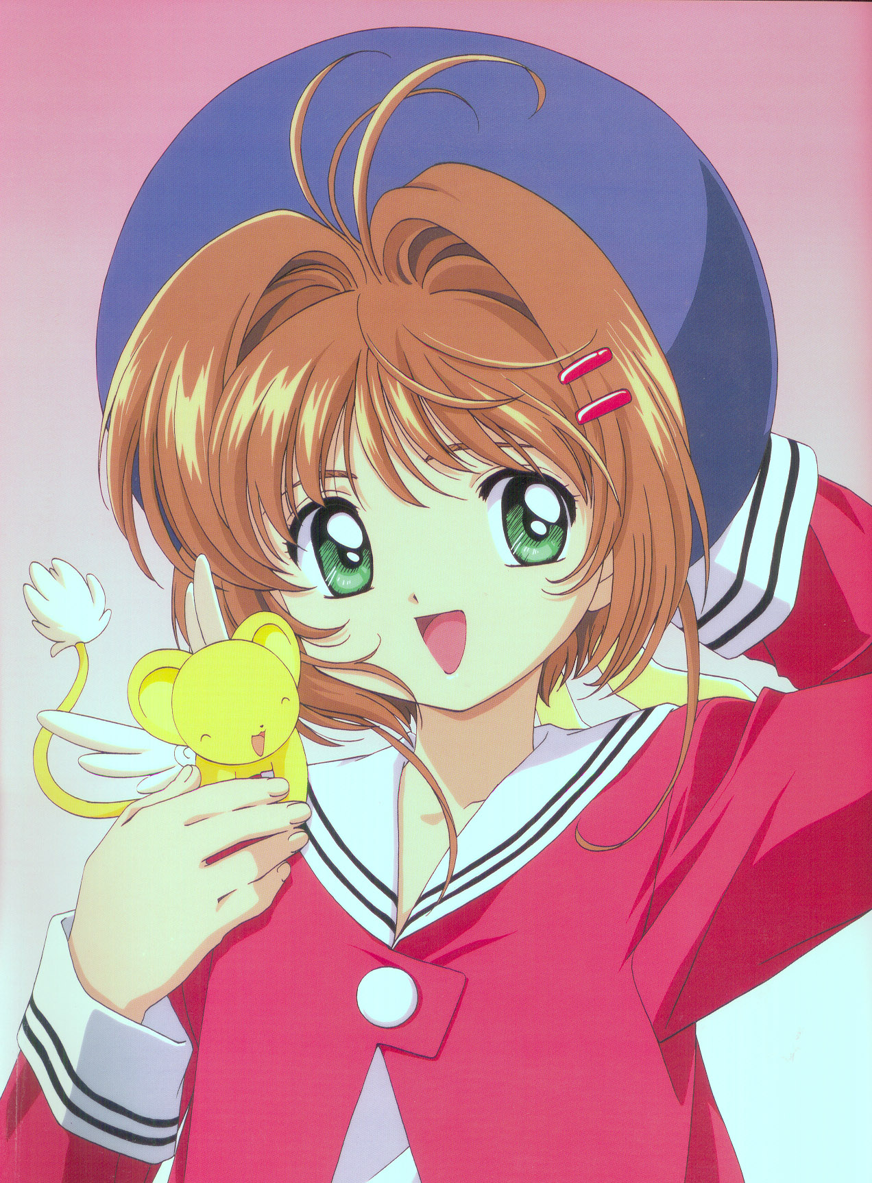 kero (cardcaptor sakura), kinomoto sakura, cardcaptor sakura, highres, 1990s (style), 1girl, brown hair, creature, gradient background, green eyes, looking at viewer, retro artstyle, short hair, simple background, smile