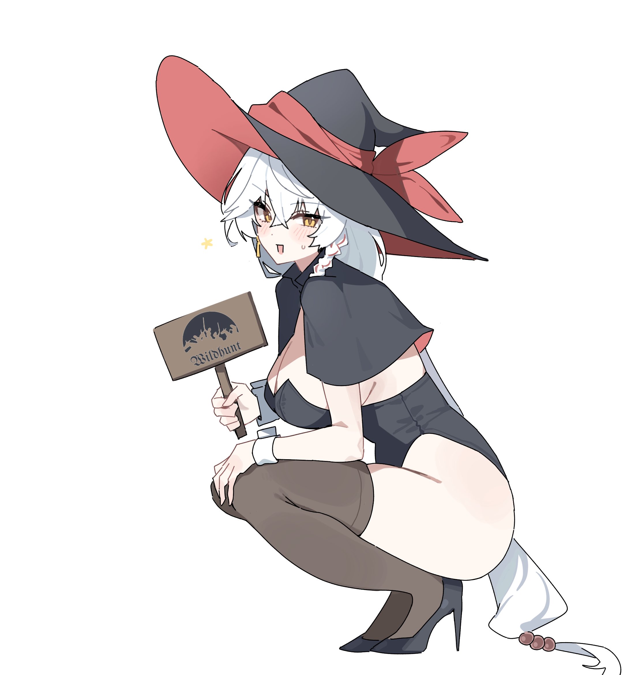 mam a103, eri (blue archive), blue archive, highres, 1girl, absurdly long hair, alternate costume, black capelet, black leotard, black shoes, black thighhighs, braid, breasts, capelet, cleavage, crossed bangs, earrings, english text, from side, hair between eyes, hat, hat ribbon, high heels, holding, holding sign, jewelry, large breasts, leotard, long hair, low ponytail, multicolored hair, no halo, open mouth, playboy bunny, ponytail, red hair, red ribbon, ribbon, shoes, sign, simple background, single braid, single earring, smile, sparkle, squatting, streaked hair, sweatdrop, thighhighs, thighs, very long hair, white background, white hair, witch, witch hat, wrist cuffs, yellow eyes