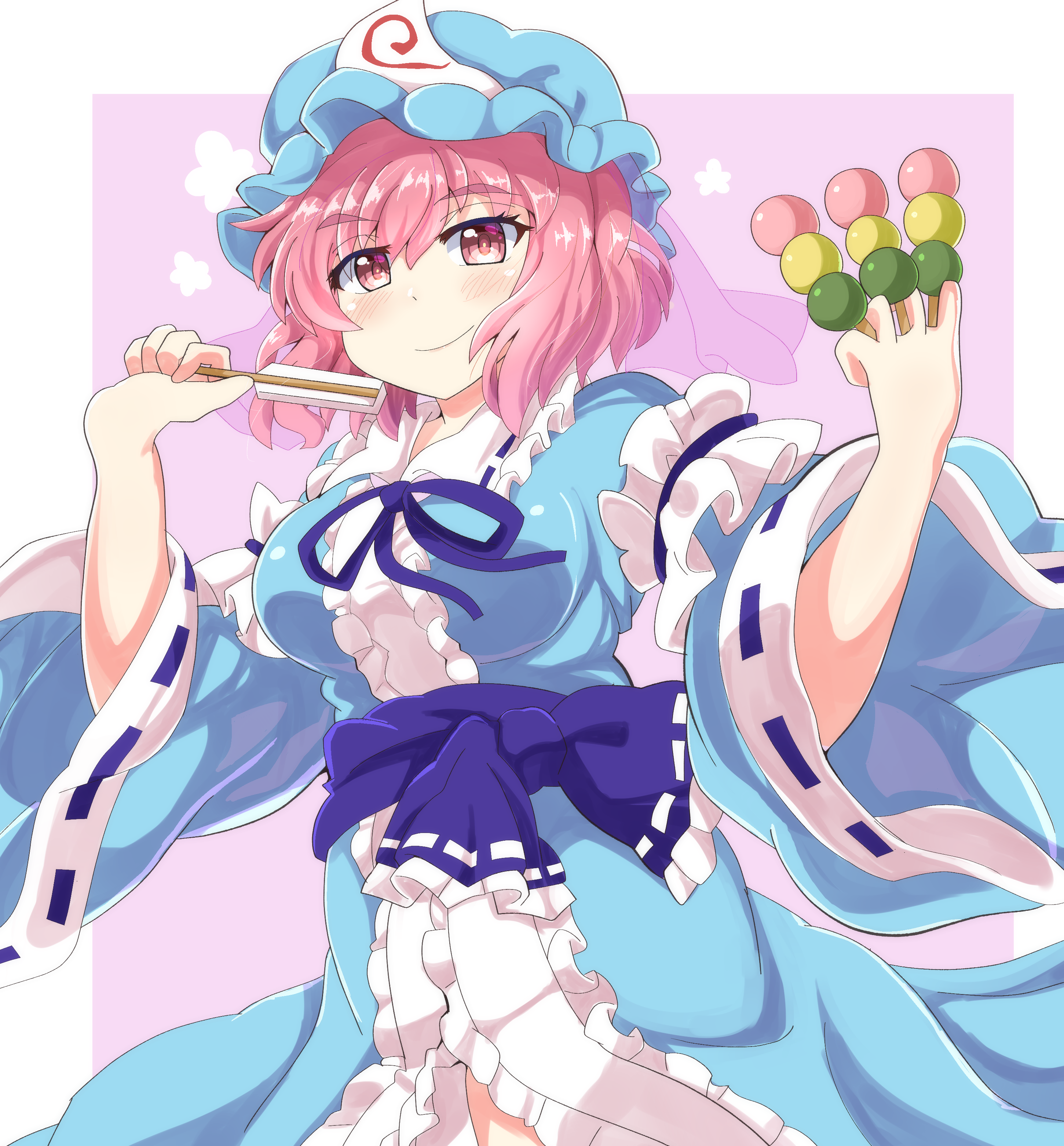 schinfaxi1996, saigyouji yuyuko, touhou, absurdres, commentary request, highres, 1girl, between fingers, blue hat, blue kimono, blush, breasts, closed mouth, dango, food, frilled kimono, frills, hat, holding, holding skewer, japanese clothes, kimono, long sleeves, looking at viewer, mob cap, neck ribbon, pink eyes, pink hair, purple ribbon, ribbon, ribbon-trimmed sleeves, ribbon trim, skewer, sleeve garter, smile, solo, triangular headpiece, wagashi, wide sleeves