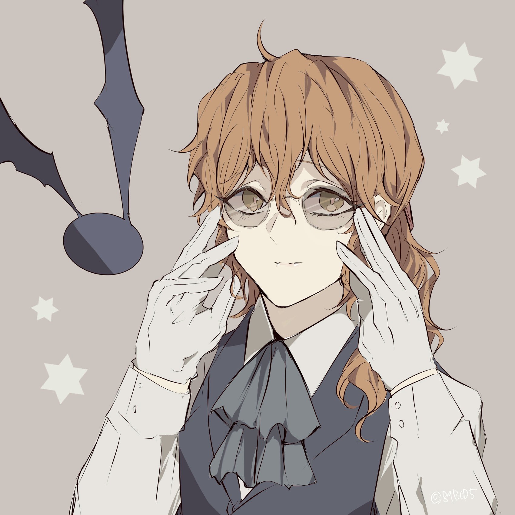 sodamachi, miranda lotto, d.gray-man, highres, 1girl, adjusting eyewear, ahoge, black neckerchief, black vest, brown hair, collared shirt, creature, dress shirt, glasses, gloves, golem (d.gray-man), grey background, hair between eyes, hair over shoulder, hand on eyewear, long hair, looking at viewer, mature female, neckerchief, ponytail, round eyewear, shirt, sidelocks, simple background, smile, solo, star (symbol), vest, wavy hair, white gloves, white shirt, wings, yellow eyes
