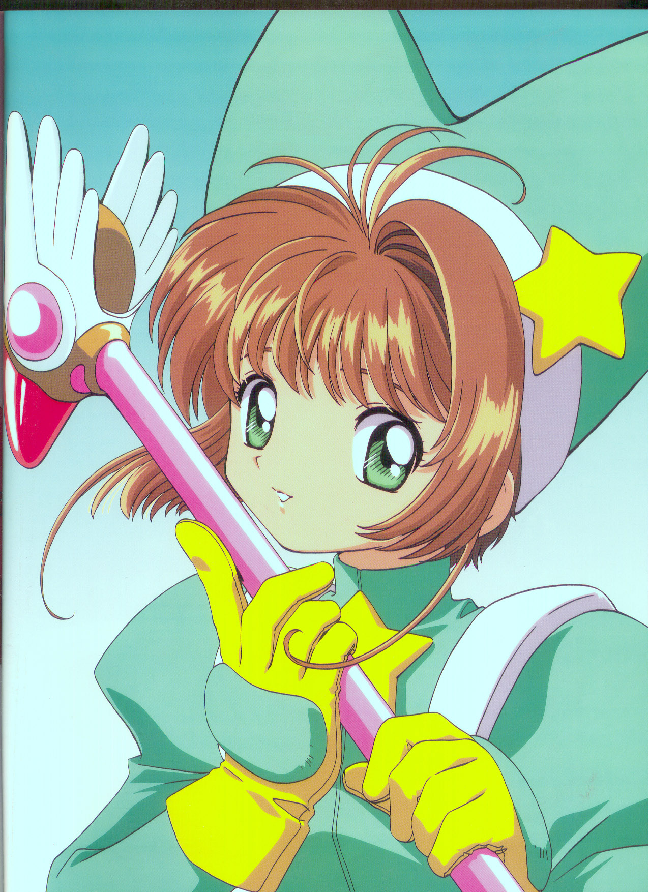 kinomoto sakura, cardcaptor sakura, highres, tagme, 1990s (style), 1girl, brown hair, fuuin no tsue, green eyes, looking at viewer, retro artstyle, short hair, smile, wand