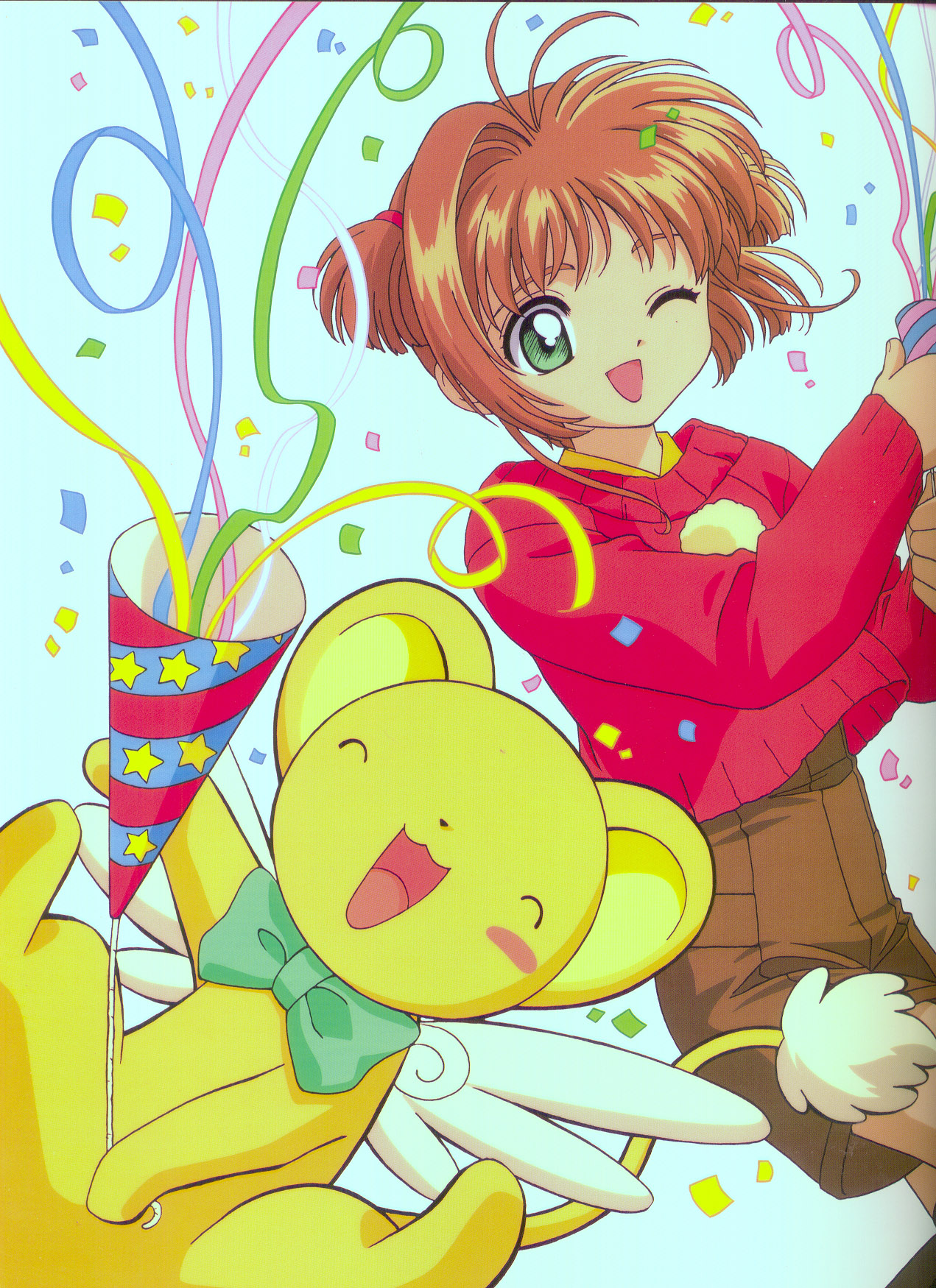 kero (cardcaptor sakura), kinomoto sakura, cardcaptor sakura, highres, tagme, 1990s (style), 1girl, brown hair, creature, green eyes, happy, looking at viewer, one eye closed, retro artstyle, short hair, simple background, smile, white background, wink