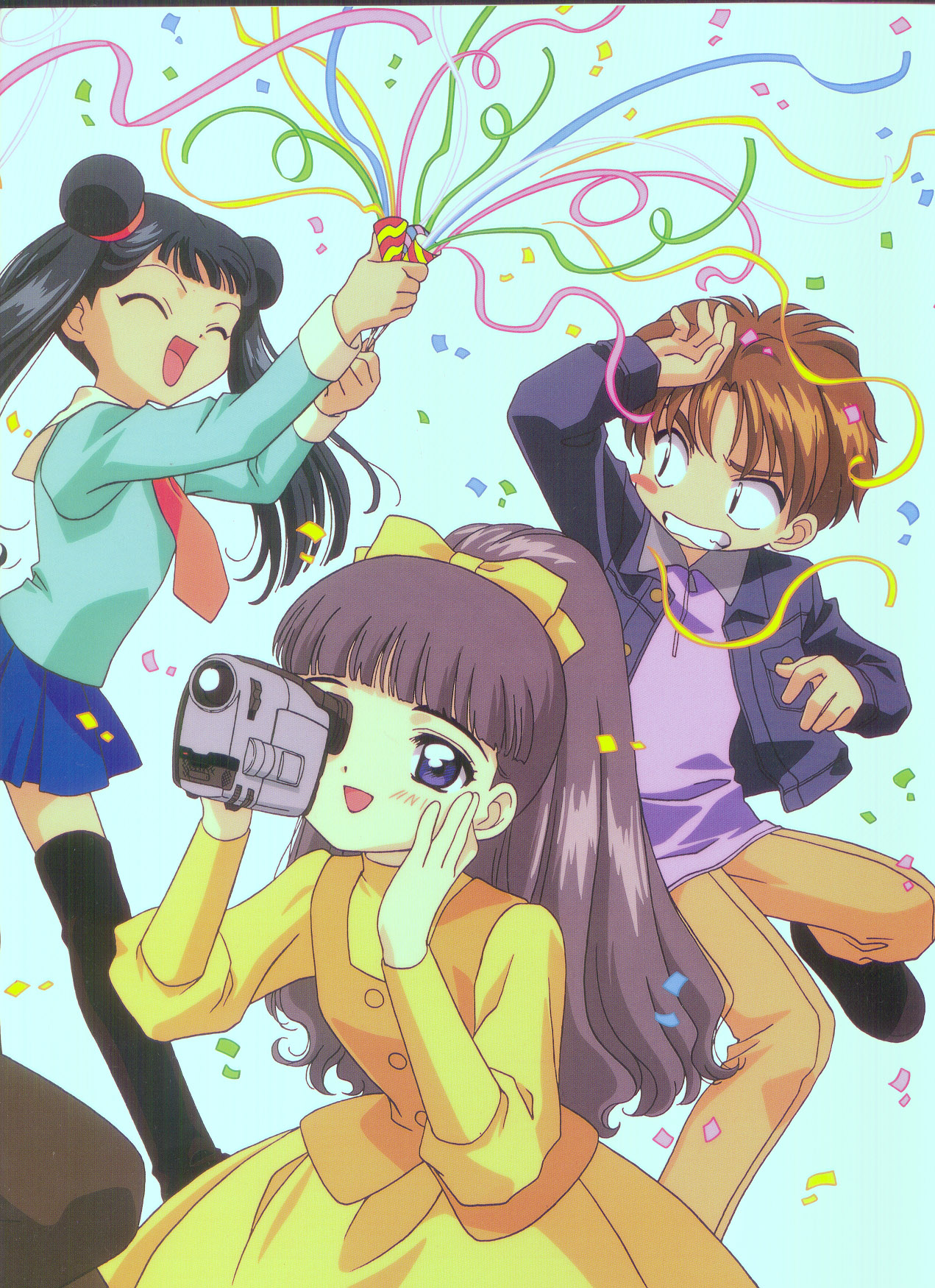 daidouji tomoyo, li meiling, li xiaolang, cardcaptor sakura, highres, 1990s (style), 1boy, 2girls, ^ ^, black hair, blush, blush stickers, brown hair, camcorder, clenched teeth, closed eyes, double bun, hair bun, high ponytail, long hair, miniskirt, multiple girls, open mouth, pleated skirt, ponytail, retro artstyle, short hair, skirt, smile, teeth, thighhighs, twintails, video camera, zettai ryouiki