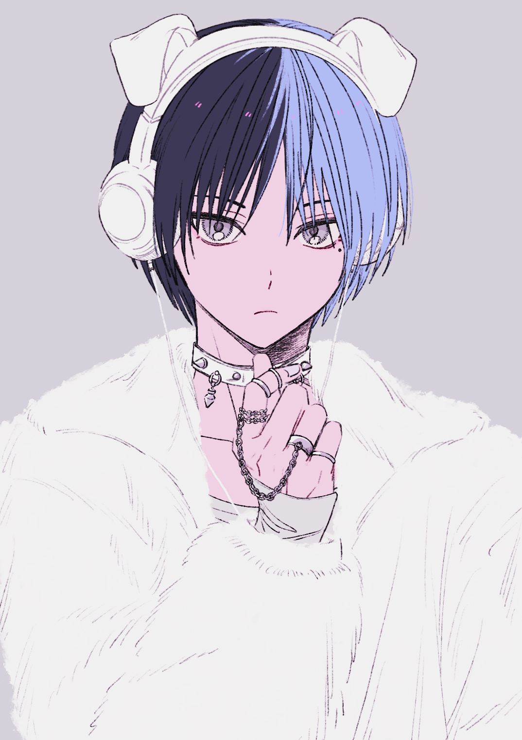llli illli illl, aoyagi touya, project sekai, highres, 1boy, alternate costume, animal ear headphones, animal ears, blue hair, chain, choker, closed mouth, dog ears, fake animal ears, finger heart, grey background, hand up, headphones, jewelry, long sleeves, looking at viewer, male focus, mole, mole under eye, multicolored hair, ring, short hair, simple background, solo, split-color hair, two-tone hair, upper body, white choker
